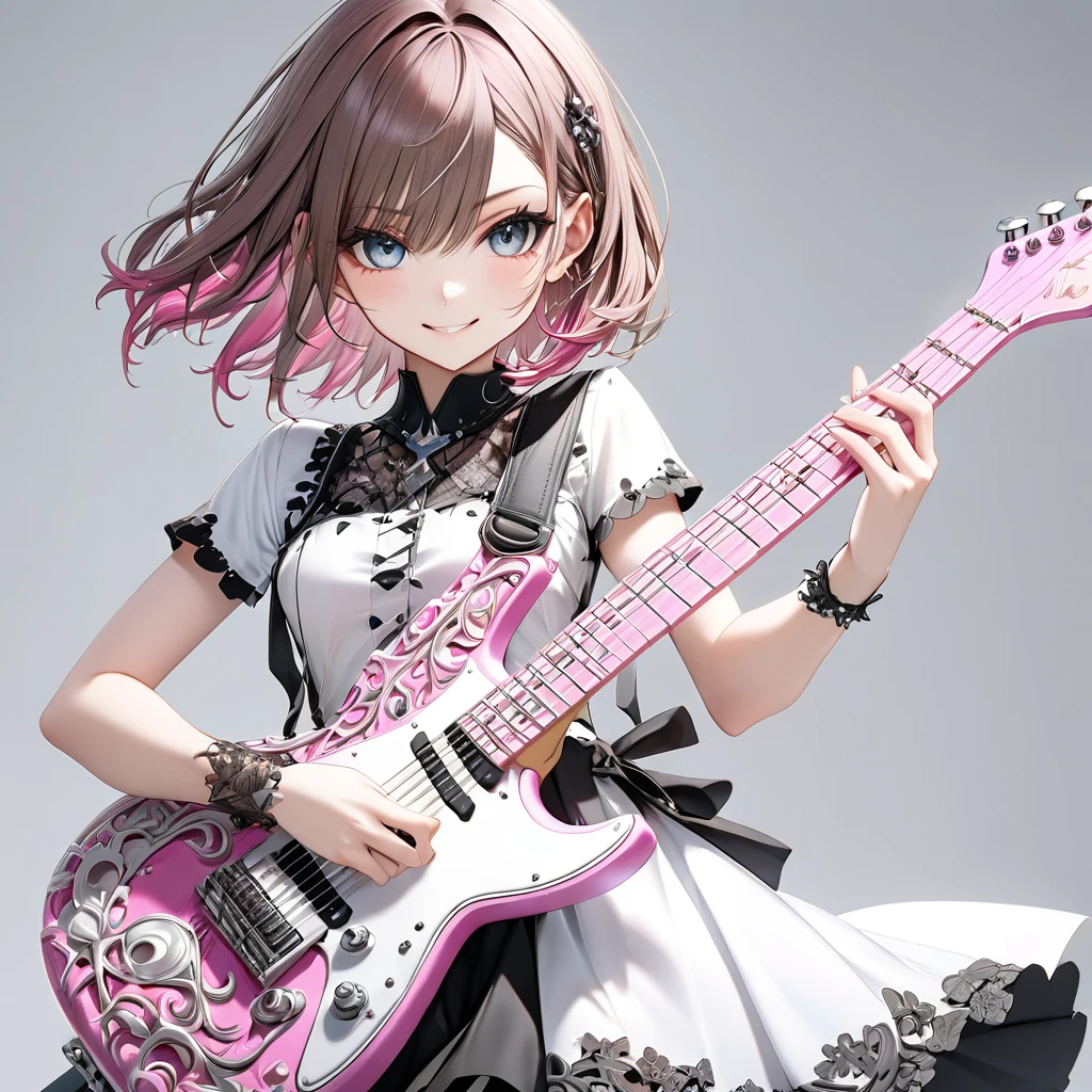 (((White background:1.2)))、(masterpiece、Ultra HD、Highest quality、Masterpiece、4K:1.2)、Perfect Style、Scandinavian metal girl playing a white electric guitar, Intense gaze into the camera, Intricate details, Highly detailed eyes, Highly detailed fingers、Brown bob hair、White and pink gothic dress, Intricate details、A kind smile、mini skirt、Dynamic and intense movements、(wide shot)