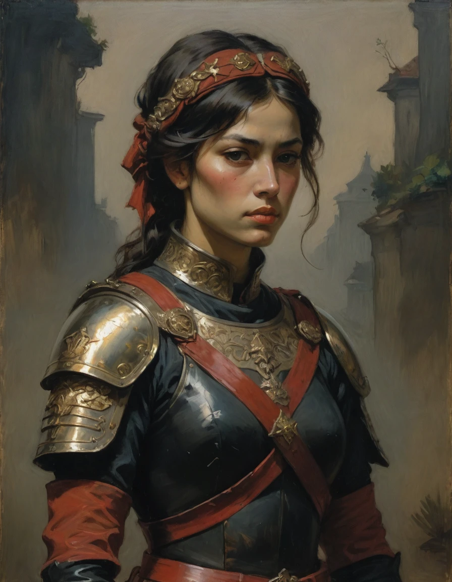Masterpiece, best quality, ((by Moebius)), (by Théodore Géricault), a full oil painting, (female focus, half body of a young female Roman soldier, confident, tattoos, brunette, brown skin, rascal, arrogant, sad), ((wearing black and red, silken Roman uniform, armor lorica with detailed samurai elements with red diamond symbology with moth symbology with dragon symbology, jungle background))