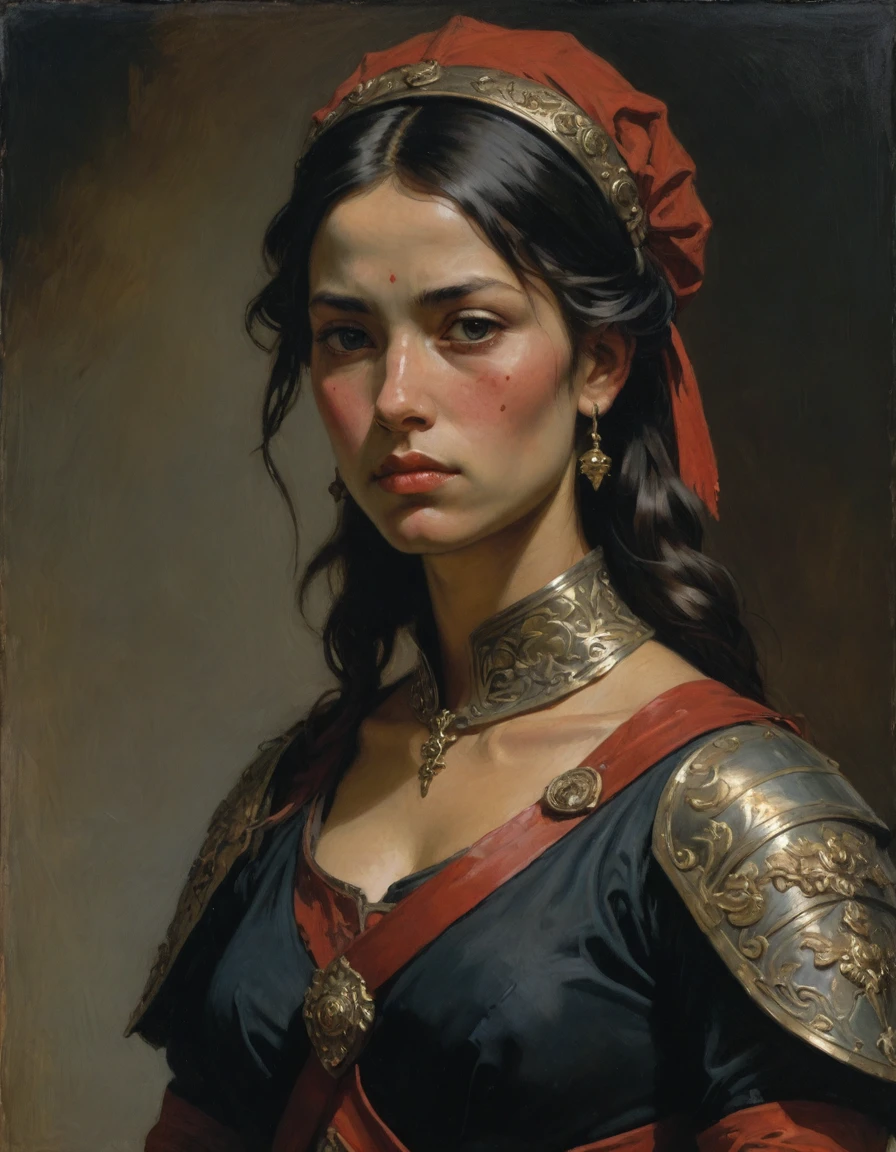 Masterpiece, best quality, ((by Moebius)), (by Théodore Géricault), a full oil painting, (female focus, half body of a young female Roman soldier, confident, tattoos, brunette, brown skin, rascal, arrogant, sad), ((wearing black and red, silken Roman uniform, armor lorica with detailed samurai elements with red diamond symbology with moth symbology with dragon symbology, jungle background))