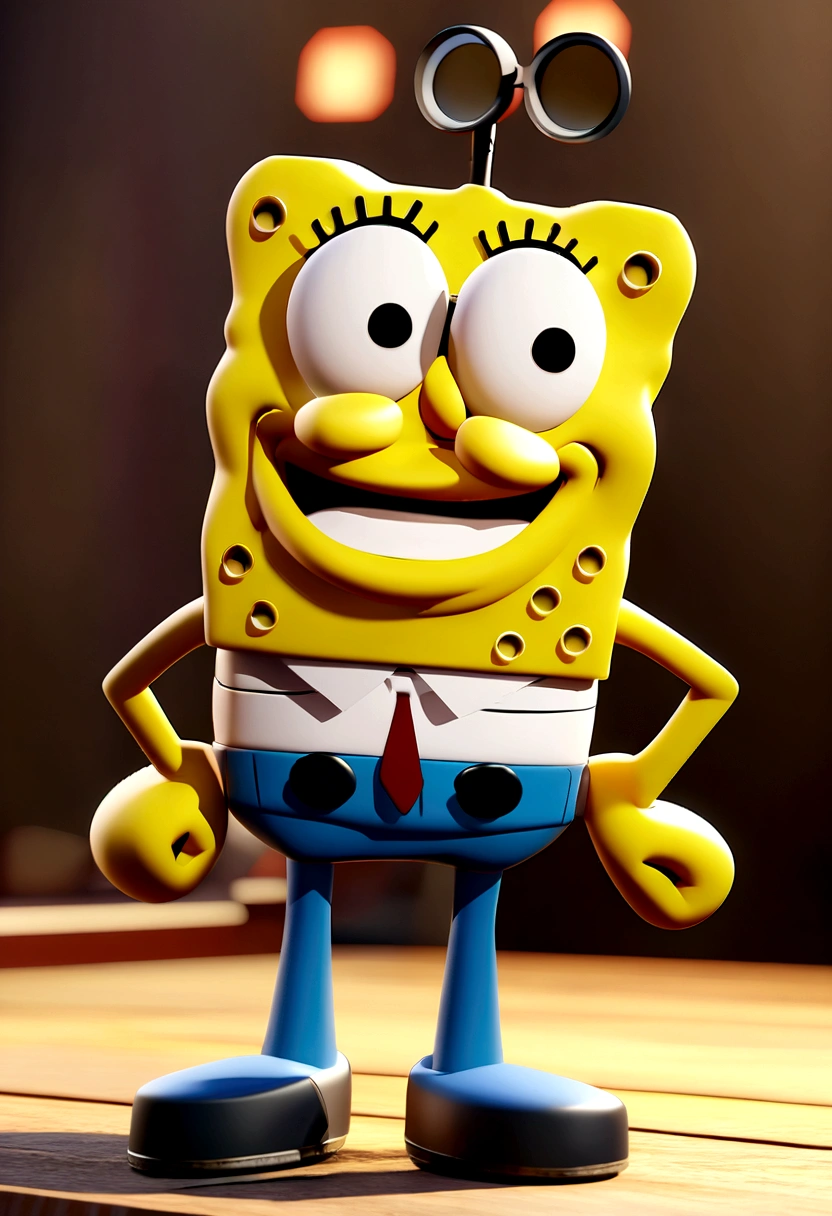 Cartoon character spongebob wearing black glasses and blue shirt, animated character, stylized character, animation style rendering, 3D stylized, Arnold Maya render, 3D rendering stylized, cartoon key frame rendering, 3D character, 3D character, 3D rendering stylized, 3D rendering of characters, cartoon character, Character close up, Character pose,  (Pixar Style) (main part:1.2) (hips) (Best quality) (detailed skin) (detailed texture) (8 k) (clay) (Cinematic lighting) (sharp focus