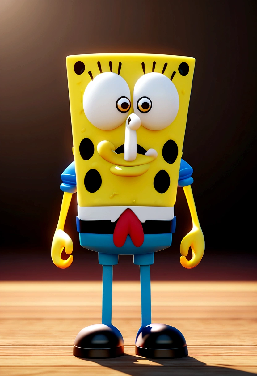 Cartoon character spongebob wearing black glasses and blue shirt, animated character, stylized character, animation style rendering, 3D stylized, Arnold Maya render, 3D rendering stylized, cartoon key frame rendering, 3D character, 3D character, 3D rendering stylized, 3D rendering of characters, cartoon character, Character close up, Character pose, (Pixar Style) (main part:1.2) (hips) (Best quality) (detailed skin) (detailed texture) (8 k) (clay) (Cinematic lighting) (sharp focus