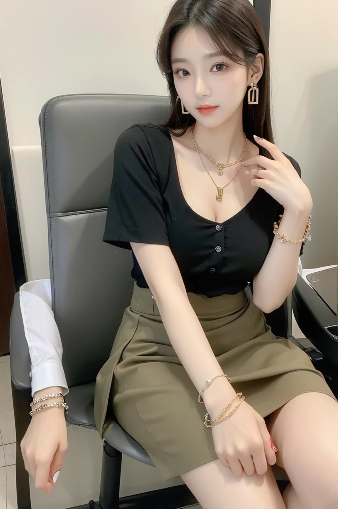 (((actual photography))),, portrait, Korean，(stunning face:1.3),, beautiful girl, Eyes on the document,Sit in a large class chair , (Necklace，earrings，Bracelet:1.1), Buttoned shirt and hip skirt, , (cleavage:0.3),, In the CEO&#39;s Office, (environmental details:1.3),, (original photo, CG Unity, photography, ultra actual details, sharp focus, Delicate skin,4K, High resolution, masterpiece, best quality, actual, energetic:1.2),, (8K,4K, Ultra high quality, High resolution, professional, Movie般的, Movie, Dramatic),, Detailed Background,