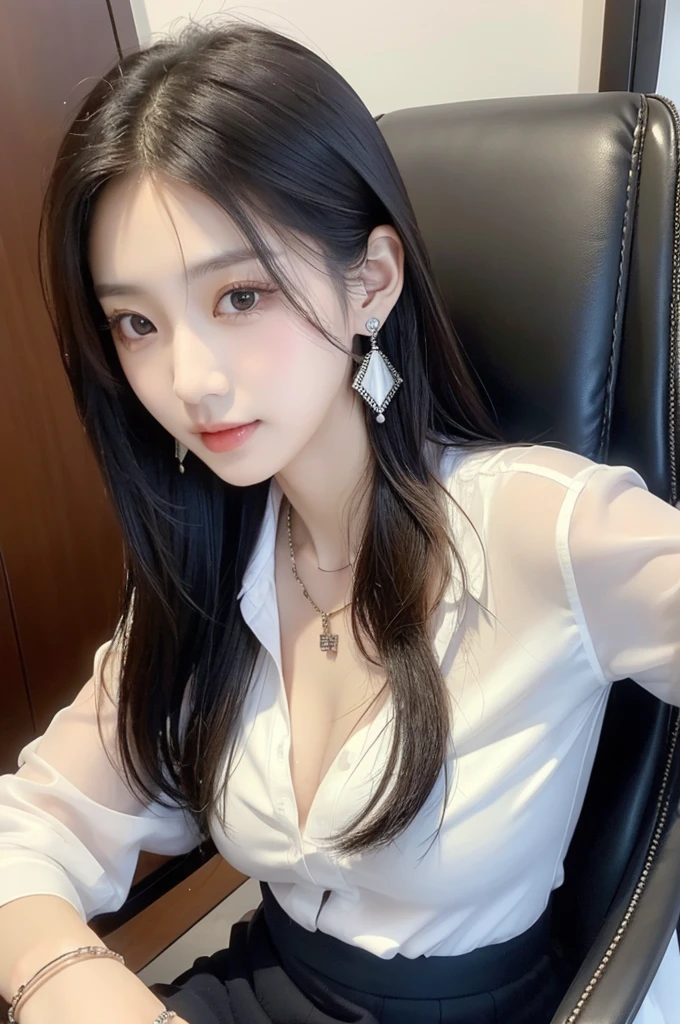 (((actual photography))),, portrait, Korean，(stunning face:1.3),, beautiful girl, Eyes on the document,Sit in a large class chair , (Necklace，earrings，Bracelet:1.1), Buttoned shirt and hip skirt, , (cleavage:0.3),, In the CEO&#39;s Office, (environmental details:1.3),, (original photo, CG Unity, photography, ultra actual details, sharp focus, Delicate skin,4K, High resolution, masterpiece, best quality, actual, energetic:1.2),, (8K,4K, Ultra high quality, High resolution, professional, Movie般的, Movie, Dramatic),, Detailed Background,