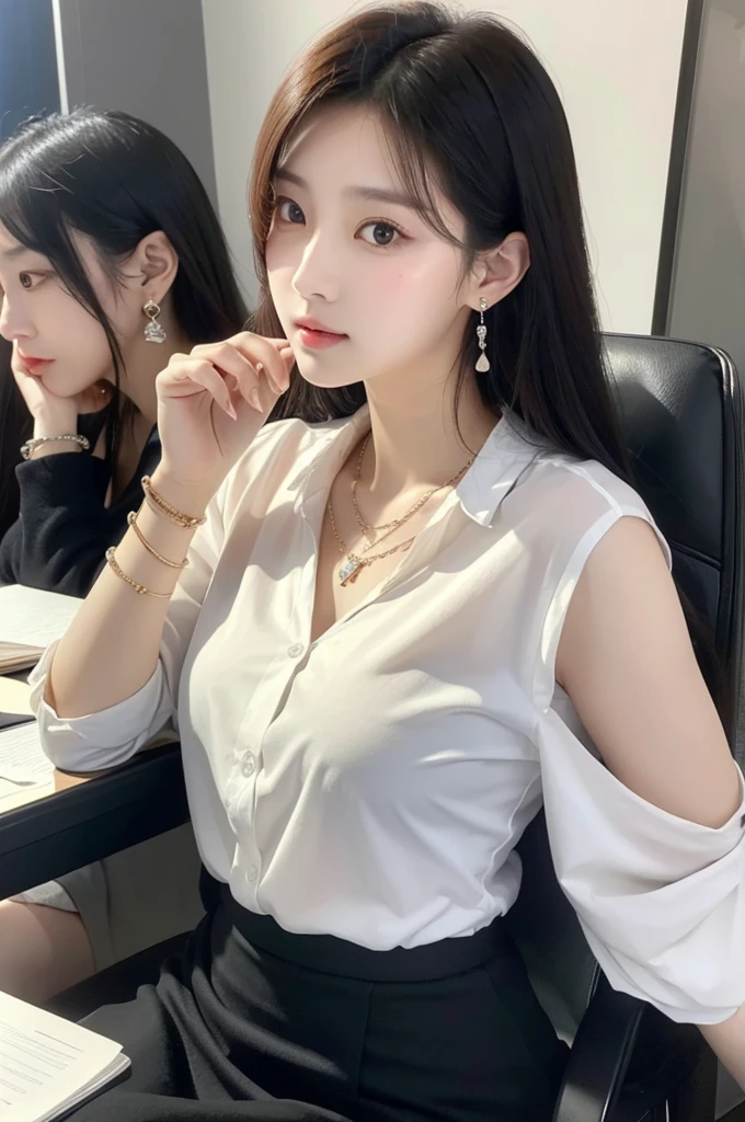 (((actual photography))),, portrait, Korean，(stunning face:1.3),, beautiful girl, Eyes on the document,Sit in a large class chair , (Necklace，earrings，Bracelet:1.1), Buttoned shirt and hip skirt, , (cleavage:0.3),, In the CEO&#39;s Office, (environmental details:1.3),, (original photo, CG Unity, photography, ultra actual details, sharp focus, Delicate skin,4K, High resolution, masterpiece, best quality, actual, energetic:1.2),, (8K,4K, Ultra high quality, High resolution, professional, Movie般的, Movie, Dramatic),, Detailed Background,