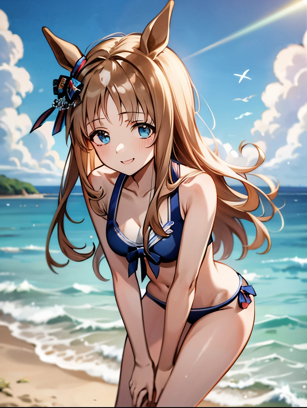 grass wonder \(umamusume\), 1 girl, Solo, Cute Girl,Best Quality, Ultra-detailed, 8K, High resolution, light smile, low bun, bikini, legs, summer, beach,
