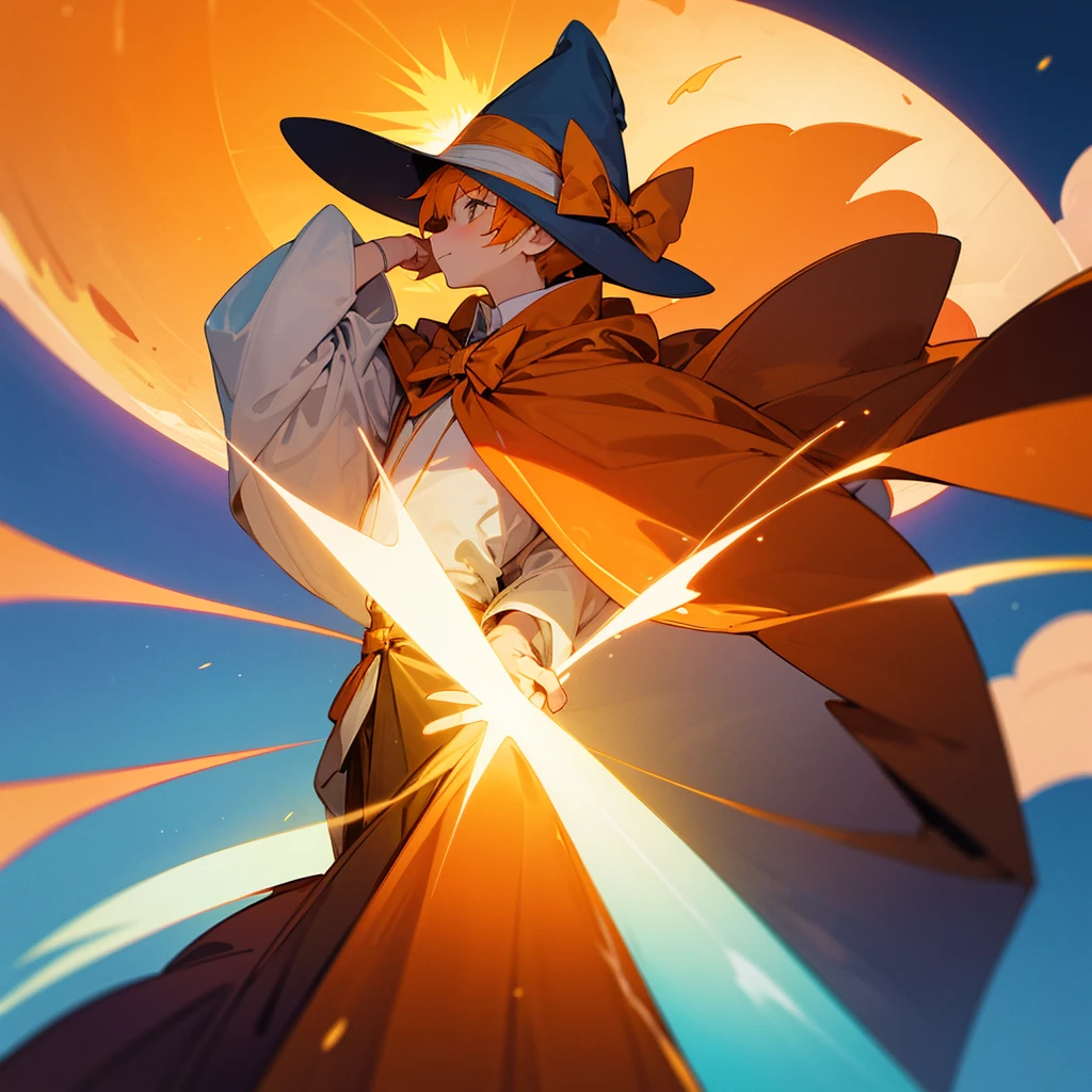 Create a boy with sun powers, a wizard with a bow tie with a sun design on it and who is wearing an orange cloak, an orange wide-brimmed wizard's hat, an orange staff with a star on top, who has a face and who is the boy's friend and that the boy was a ten year old