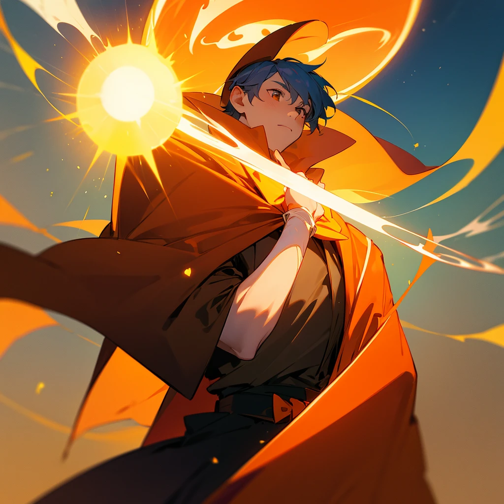 Create a boy with sun powers, a wizard with a bow tie with a sun design on it and who is wearing an orange cloak, an orange wide-brimmed wizard's hat, an orange staff with a star on top, who has a face and who is the boy's friend and that the boy was a ten year old