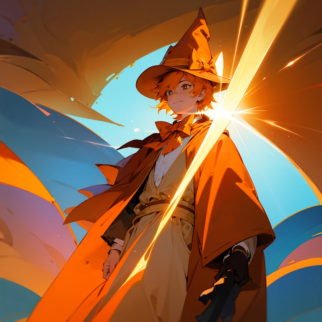 Create a boy with sun powers, a wizard with a bow tie with a sun design on it and who is wearing an orange cloak, an orange wide-brimmed wizard&#39;s hat, an orange staff with a star on top, who has a face and who is the boy&#39;s friend and that the boy was a ten year old 
