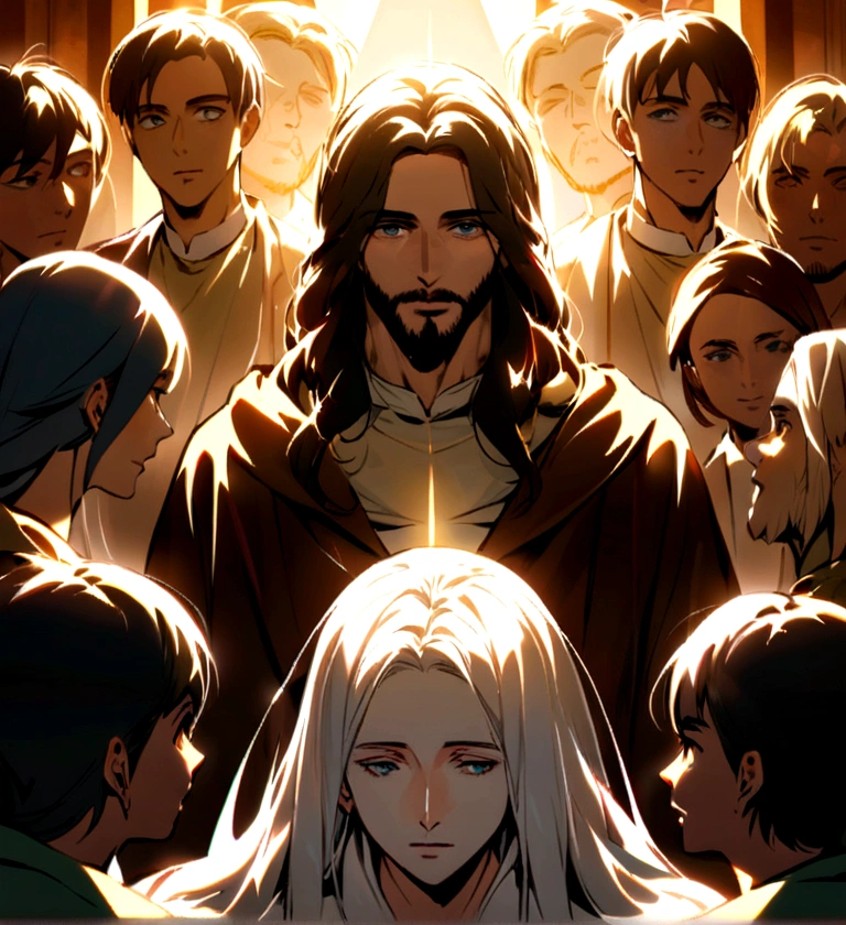 Jesus Christ with an enlightened face surrounded by young people listening to his guidance