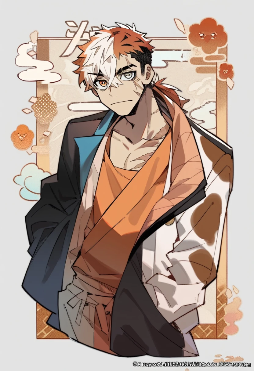 1boy, black under cut hair, white and orange top hair, calico-colored hair, scars, rainbow eyes, small ponytail, loose suit, mafia vibe, official artwork, bungo stray dog style