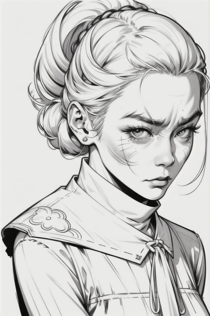 Drawing of a mature woman, realistic portrait, upper body, asian girl, white hair, mad face, rebel outfits, front face, punk, horror look. Best lineart, clean flat lineart, Black and white monochrome, thin pen lines. No colors or shading. Flat white background.