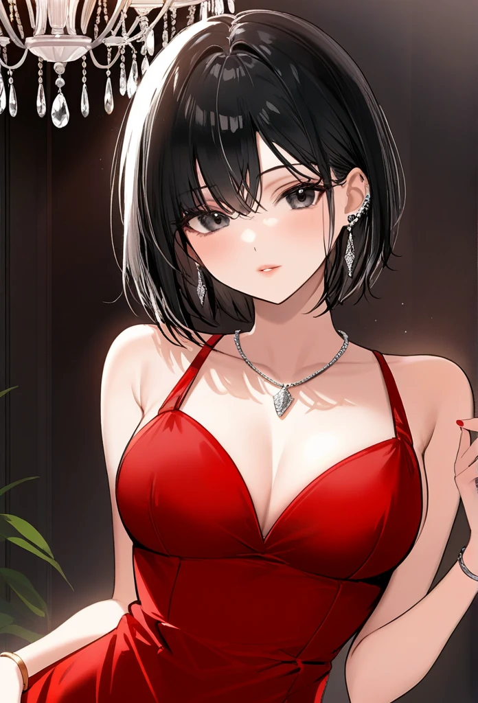 Hot sexy young babe, black eyes, black hair, short hair,big silver chandelier earrings ,long blunt hair , lipstick , smooth skin,red dress,sharp jawline, detailed face, bangles, necklace