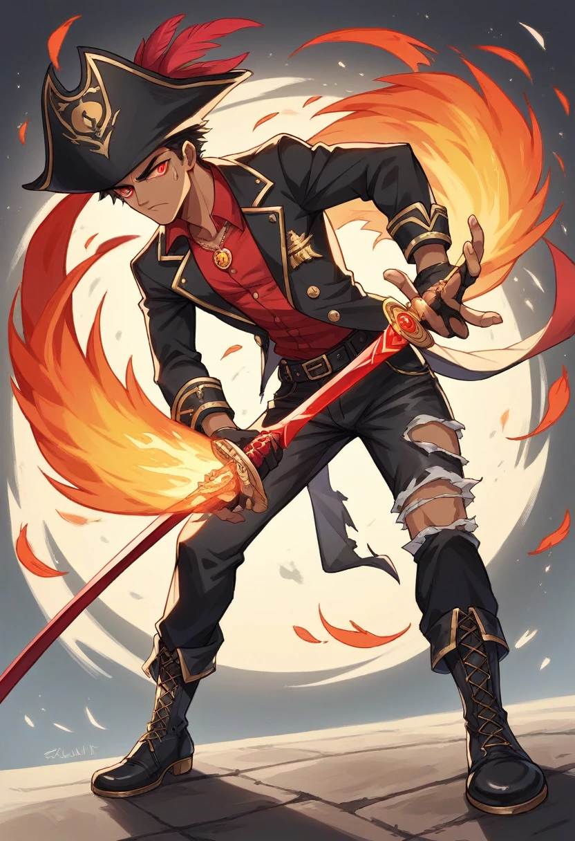 1 mexican pirate captain, tan skin, long black wavy hairred streakon right, black blazer, right-laced wristband, black tricorn hat with gold lining and red feather, gold circular pendant, ripped red shirt with black buttons, ripped black tight trousers with large black belt and gold buckle, black boots with red laces, ripped black leather glove on left hand exposing fingers, surrounded by whirl of fire, glowing red eyes due to fire manipulation, red handled sword on right