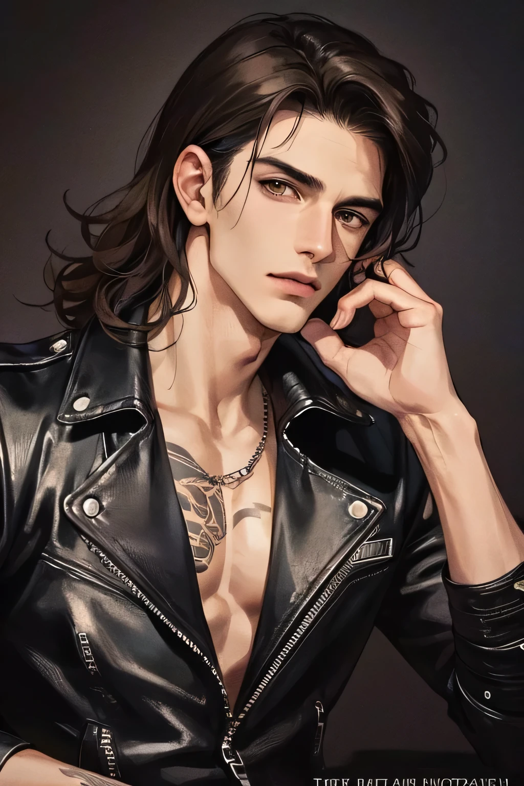 Book cover, photography of a sexy rider man, a solo man, (((man))), (male face), 25 years, motorcyclist, big bad boy, (Brown eyes), expressive look, curly black hair, (((dark background))), shiny hair, unshaven, leather jacket, Tattoos, super detailed face, Perfect body, perfect shapes, realistic image, photo, award winning, 8 k,