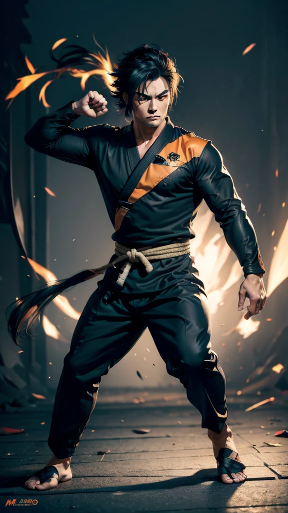 * Detailed face with serious and determined expression.
* Black spiky hair with light reflections.
* Orange and blue traditional martial arts clothing.
* muscular and defined body.
* Dynamic and powerful fighting pose.
* Combat scene with energy explosions in the background.
styled:
* Mix of realism and anime style/mango.
* Fine, precise lines for contours.
* Realistic shading and lighting to add volume and texture.
* Vibrant, contrasting colors to highlight scene elements.
format:
* high resolution image (1080p or higher).
* Horizontal or vertical orientation (according to your preference).
* No watermark or other distracting elements