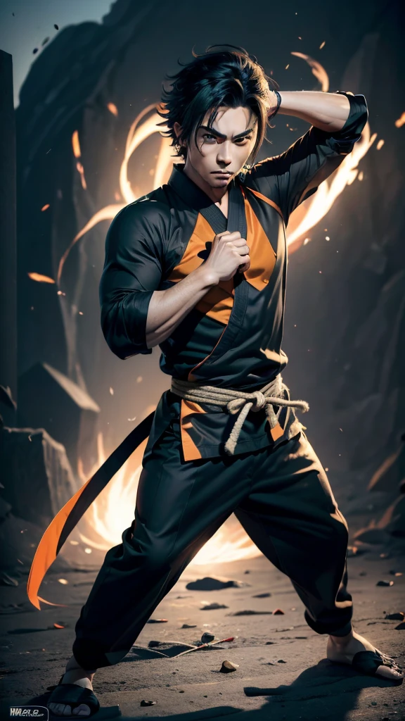 
* Detailed face with serious and determined expression.
* Black spiky hair with light reflections.
* Orange and blue traditional martial arts clothing.
* muscular and defined body.
* Dynamic and powerful fighting pose.
* Combat scene with energy explosions in the background.

styled:

* Mix of realism and anime style/mango.
* Fine, precise lines for contours.
* Realistic shading and lighting to add volume and texture.
* Vibrant, contrasting colors to highlight scene elements.

format:

* high resolution image (1080p or higher).
* Horizontal or vertical orientation (according to your preference).
* No watermark or other distracting elements