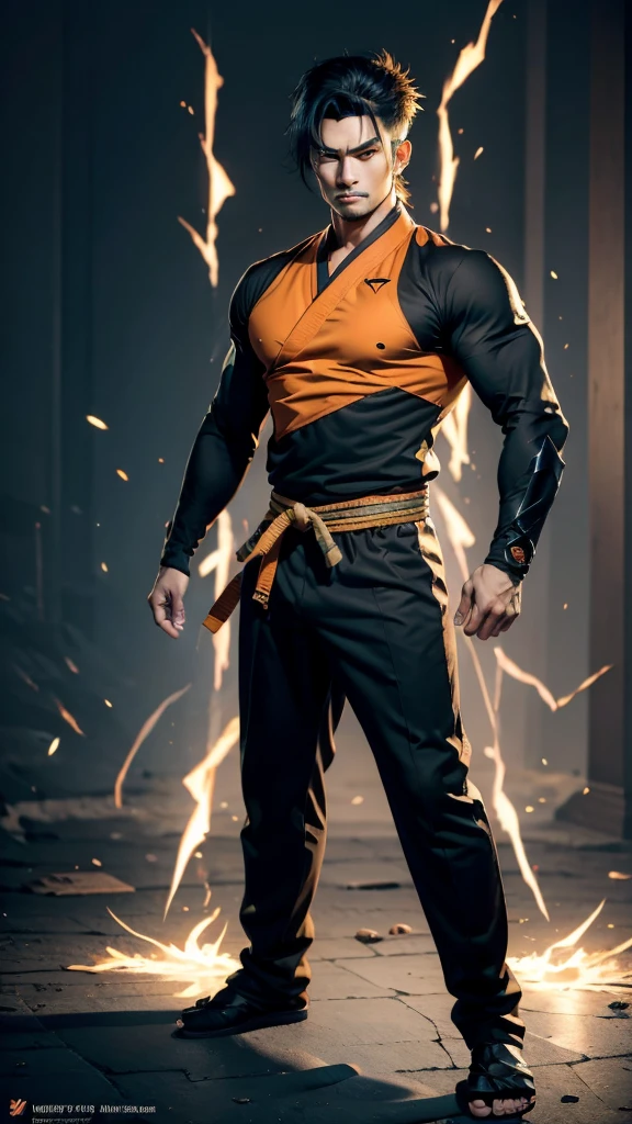 
* Detailed face with serious and determined expression.
* Black spiky hair with light reflections.
* Orange and blue traditional martial arts clothing.
* muscular and defined body.
* Dynamic and powerful fighting pose.
* Combat scene with energy explosions in the background.

styled:

* Mix of realism and anime style/mango.
* Fine, precise lines for contours.
* Realistic shading and lighting to add volume and texture.
* Vibrant, contrasting colors to highlight scene elements.

format:

* high resolution image (1080p or higher).
* Horizontal or vertical orientation (according to your preference).
* No watermark or other distracting elements