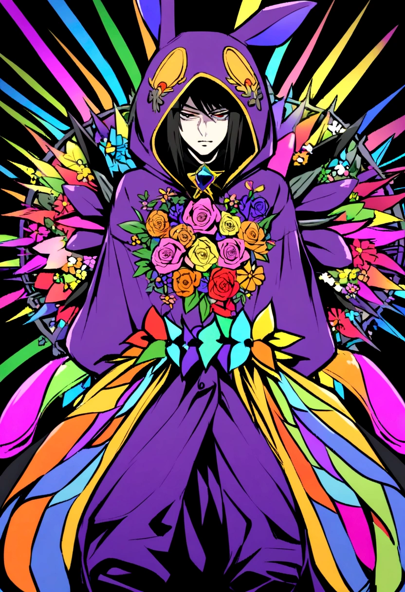 A character who is a magical flower in an evil rabbit costume, dizfraz color nogro, flower designed by Prada, urban style, SWAG.