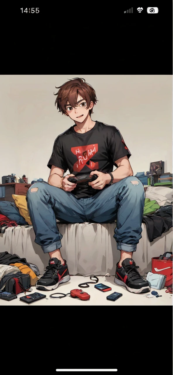 A teenager waking up, excited because is his birthday, his room is kind of messy