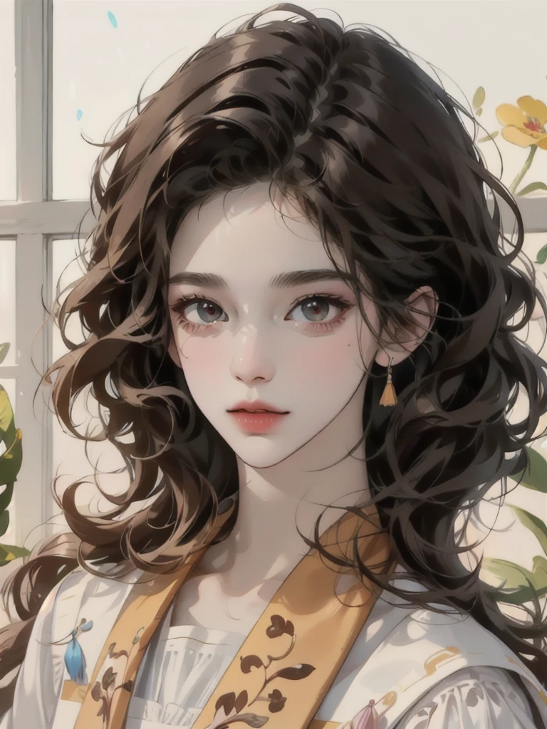 Generate an image of beautiful girl, 18 years old, extremely long bushy curly black hair,  and short physique, brown skin, brown eyes, oval face shape, light makeup, white dress, altruistic, insecure, hopeful personality, portrait, college student, colored manga sketch art style 
In the style of Chinese pastel painting