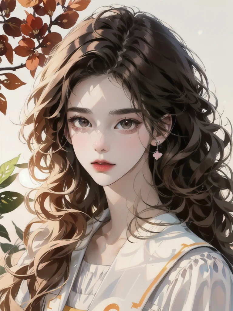 Generate an image of beautiful girl, 18 years old, extremely long bushy curly black hair,  and short physique, brown skin, brown eyes, oval face shape, light makeup, white dress, altruistic, insecure, hopeful personality, portrait, college student, colored manga sketch art style 
In the style of Chinese pastel painting