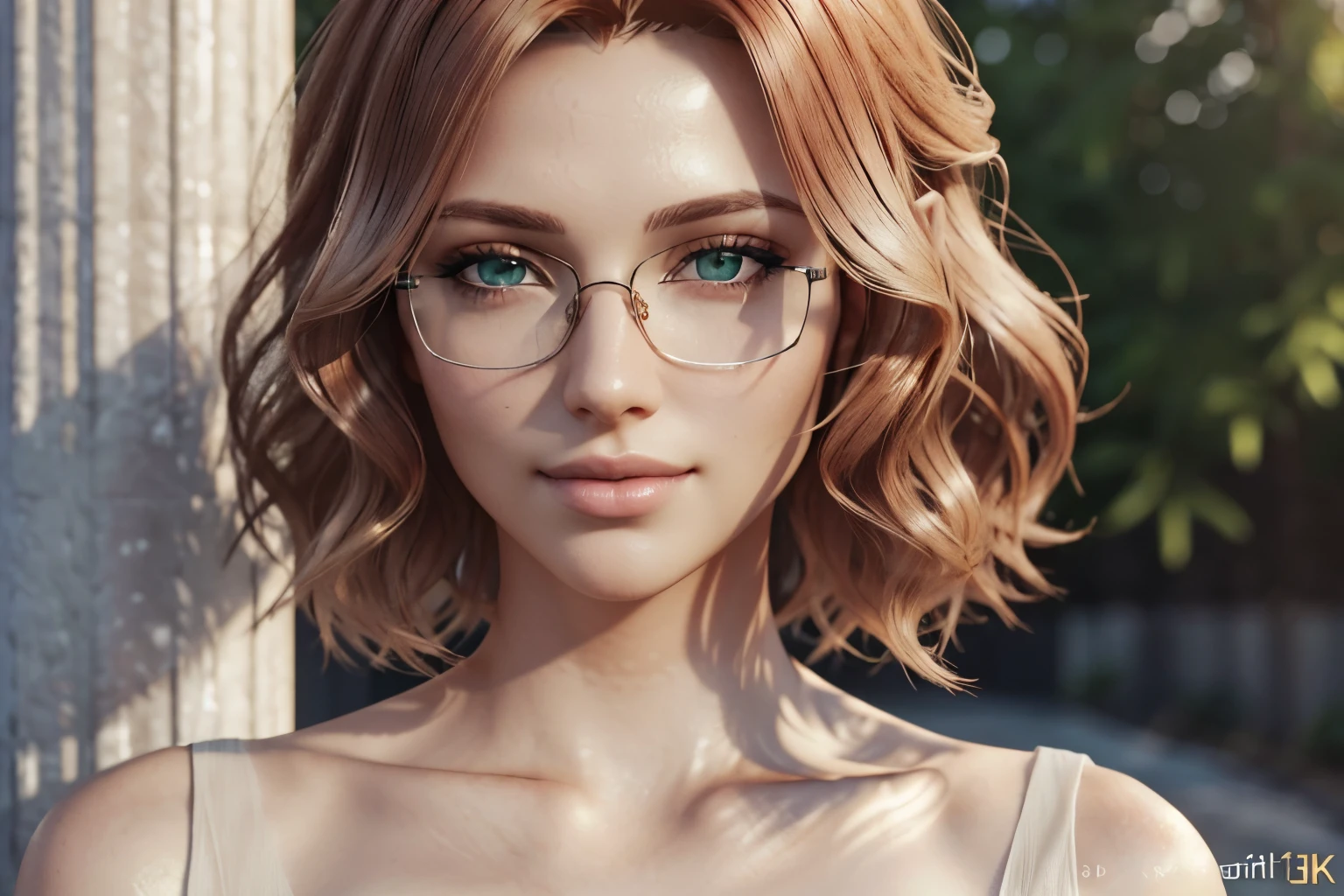 (high quality,portrait,Drawing),(soft skin,Smooth complexion),detailed, green eyes, fine texture,moist lips,(daylight,soft light), smile,sublime expression,Wavy hair,neutral background,Gentle colors,gentle strokes, Beautiful, woman, Red hair, short hair, emerald eyes, pale skin, metal frame glasses. ((elegance. gradient. Photorealism. Unreal engine. 3d model. Ultra high quality textures. high detail. permission 8k))