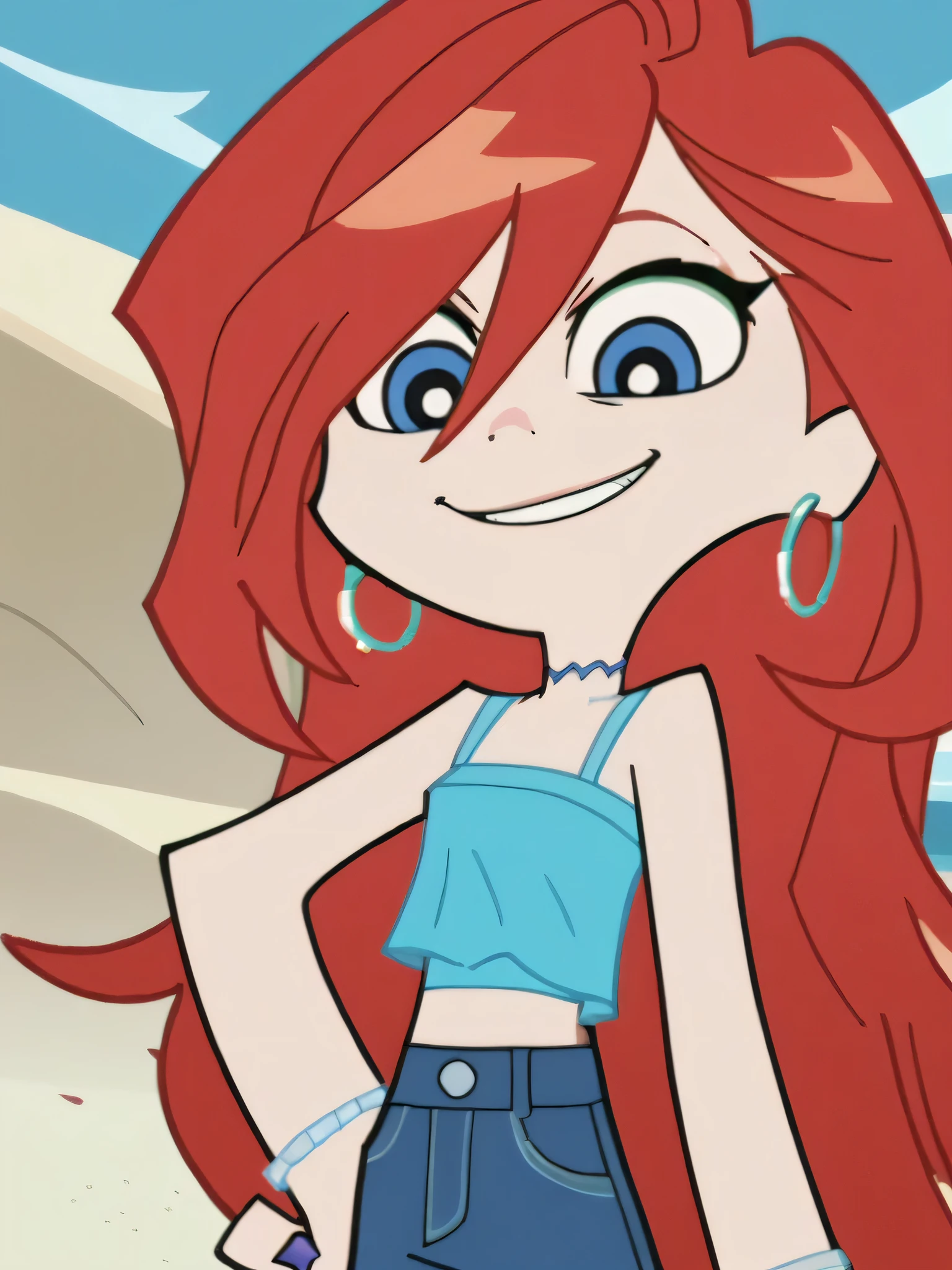 p&s style, rating_safe, score_10, sharp, anime screencap, flat shadows, flat colors, chelsea, 1girl, midriff, upper body, choker, smile, jewelry, very long hair, standing, red hair, earrings, shoes, pants, blue eyes, aqua ruffle crop top, denim, blue nails, jeans, hoop earrings, blue pants, beach background, looking at viewers, solo