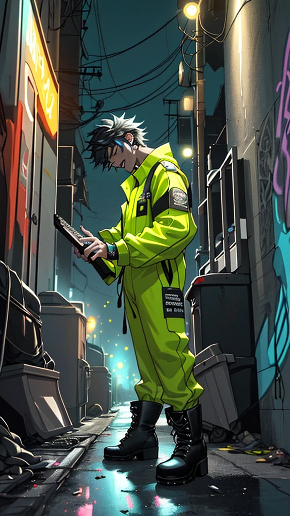 A rock keyboardist, also dressed in a fluorescent jumpsuit and boots as a garbage collector, is playing a keyboard enthusiastically. He is in a nighttime urban alley, with a garbage truck in the background. The truck's lights and streetlights illuminate the environment, highlighting the graffiti-covered walls. The keyboardist's expression is intense and focused as he creates melodies on the keyboard. The atmosphere is gloomy but vibrant, reflecting the energy of rock music.