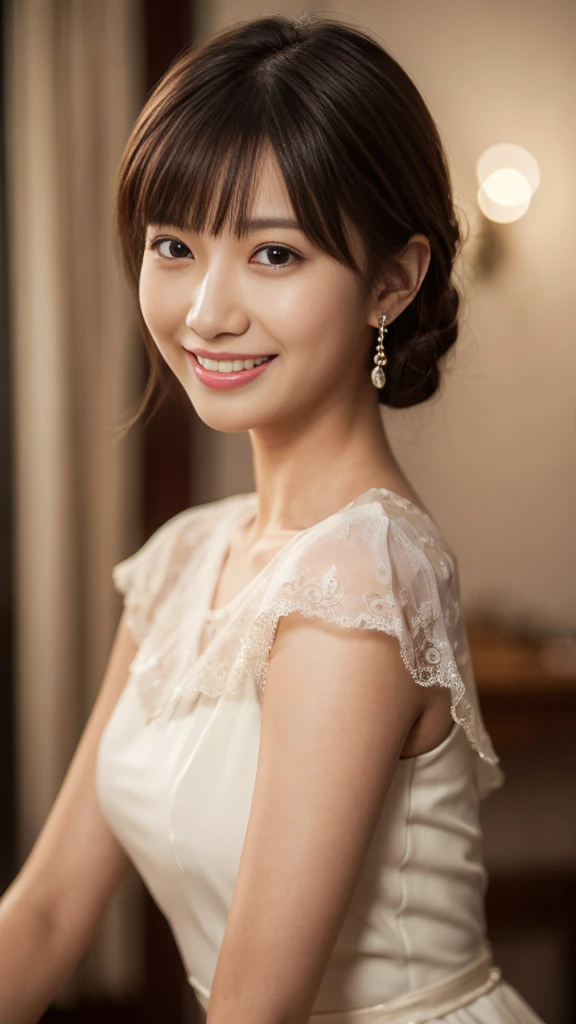 ((Tabletop:1.4, Highest quality)), (Realistic photos:1.4),
((1 Girl)), (Pure actress),
(超High resolution:1.2), Very delicate and beautiful, wonderful, Very detailed CG Unity 8k 壁紙, Very detailed, High resolution,
Soft Light, Beautiful detailed girl, Very detailed目と顔, Beautiful and detailed nose, Beautiful and detailed,
(wear a proper dress:1.3),
Cinema Lighting, Perfect Anatomy, Slender body, , (Parted bangs),
Cowboy Shot, smile