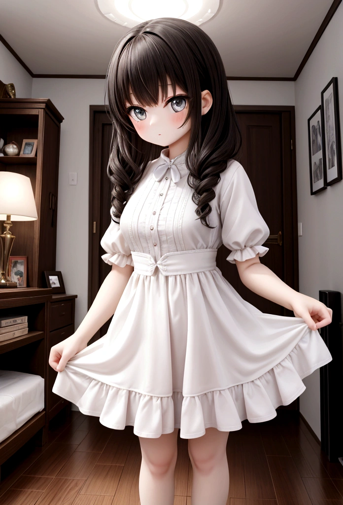 teen girl, in a dress, at home