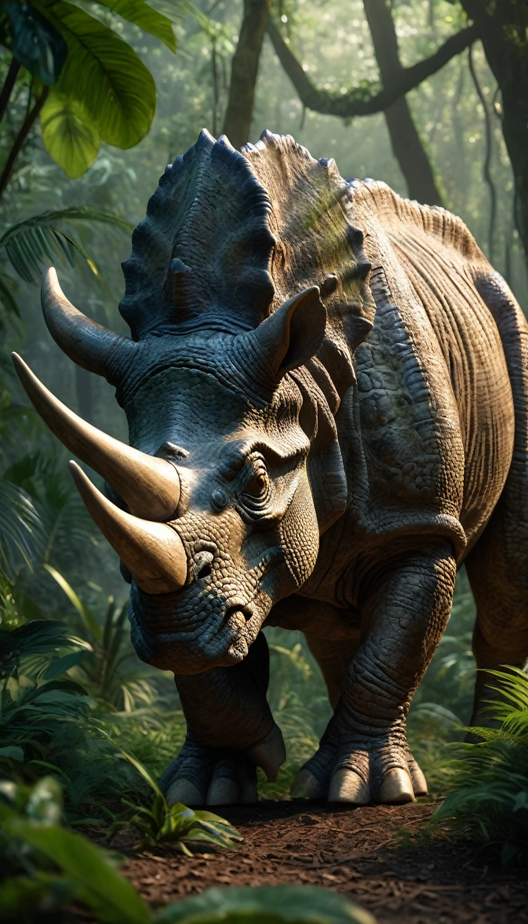 Triceratops, photorealistic, cinematic, dense jungle, grazing, lifelike textures, detailed scales, realistic lighting, dynamic composition, ultra-high definition, dramatic shot
