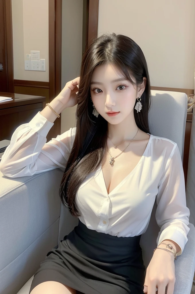 (((actual photography))),, portrait, Korean，(stunning face:1.3),, beautiful girl, Eyes on the document,Sit in a large class chair , (Necklace，earrings，Bracelet:1.1), Buttoned shirt and hip skirt, , (cleavage:0.3),, In the CEO&#39;s Office, (environmental details:1.3),, (original photo, CG Unity, photography, ultra actual details, sharp focus, Delicate skin,4K, High resolution, masterpiece, best quality, actual, energetic:1.2),, (8K,4K, Ultra high quality, High resolution, professional, Movie般的, Movie, Dramatic),, Detailed Background,独奏