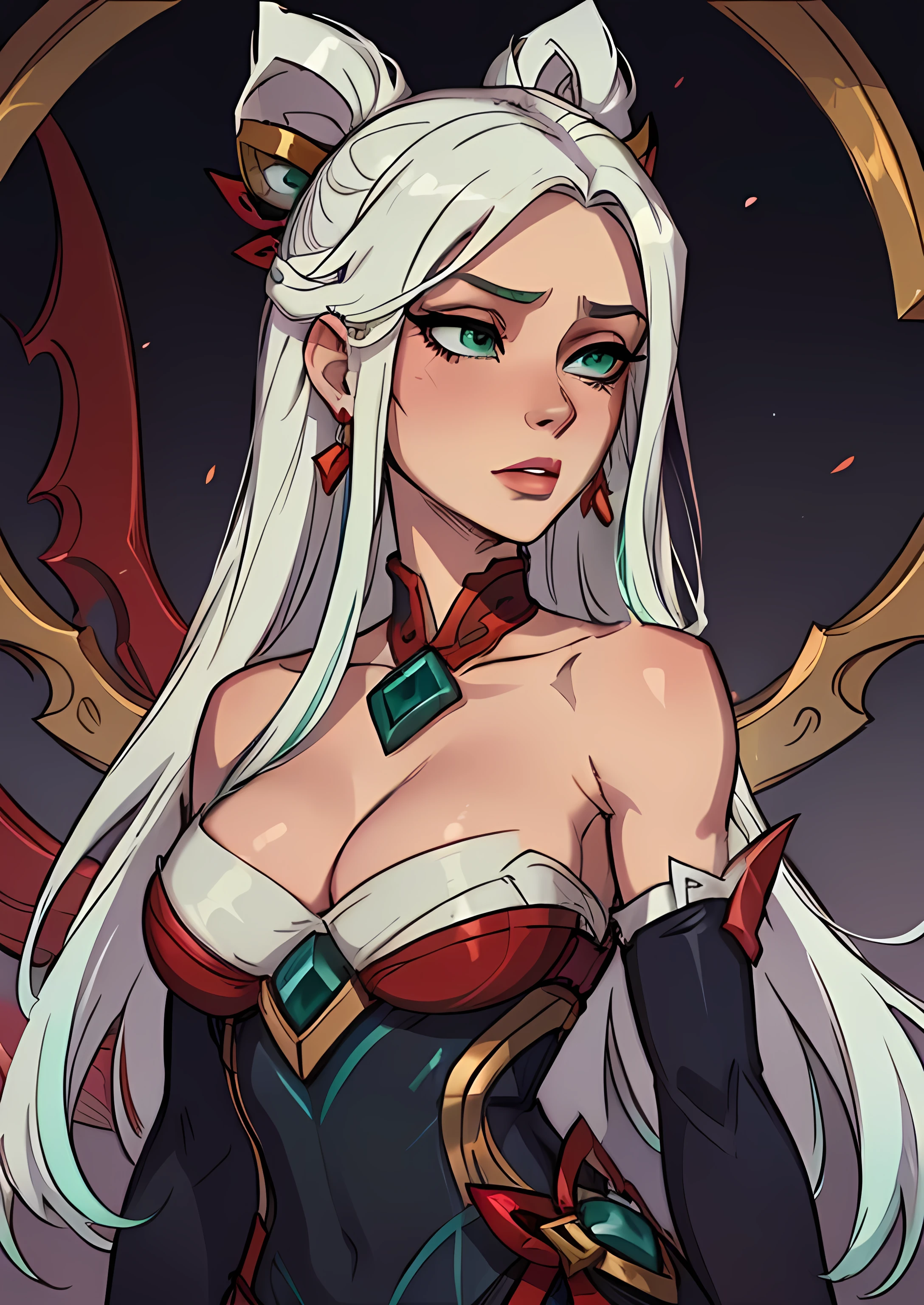 masterpiece, best quality, 1female, face portrait, beautiful, shy, mythmaker irelia, hair ornament, hair rings, bare shoulders, dress, detached sleeves, multicolored hair, white hair, earrings, green eyes
