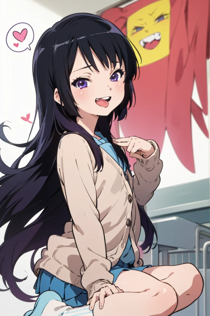 solo, 1girl, looking at viewer, sketch, flat colors, 2D, anime, anime coloring, upper body, (solid white background:1.3), reina kousaka, , ,,spoken heart,6yo,(petite),flat chest,grin,my room,socks,,cardigans,miniskirt,classroom,grin,open mouth,tongue,