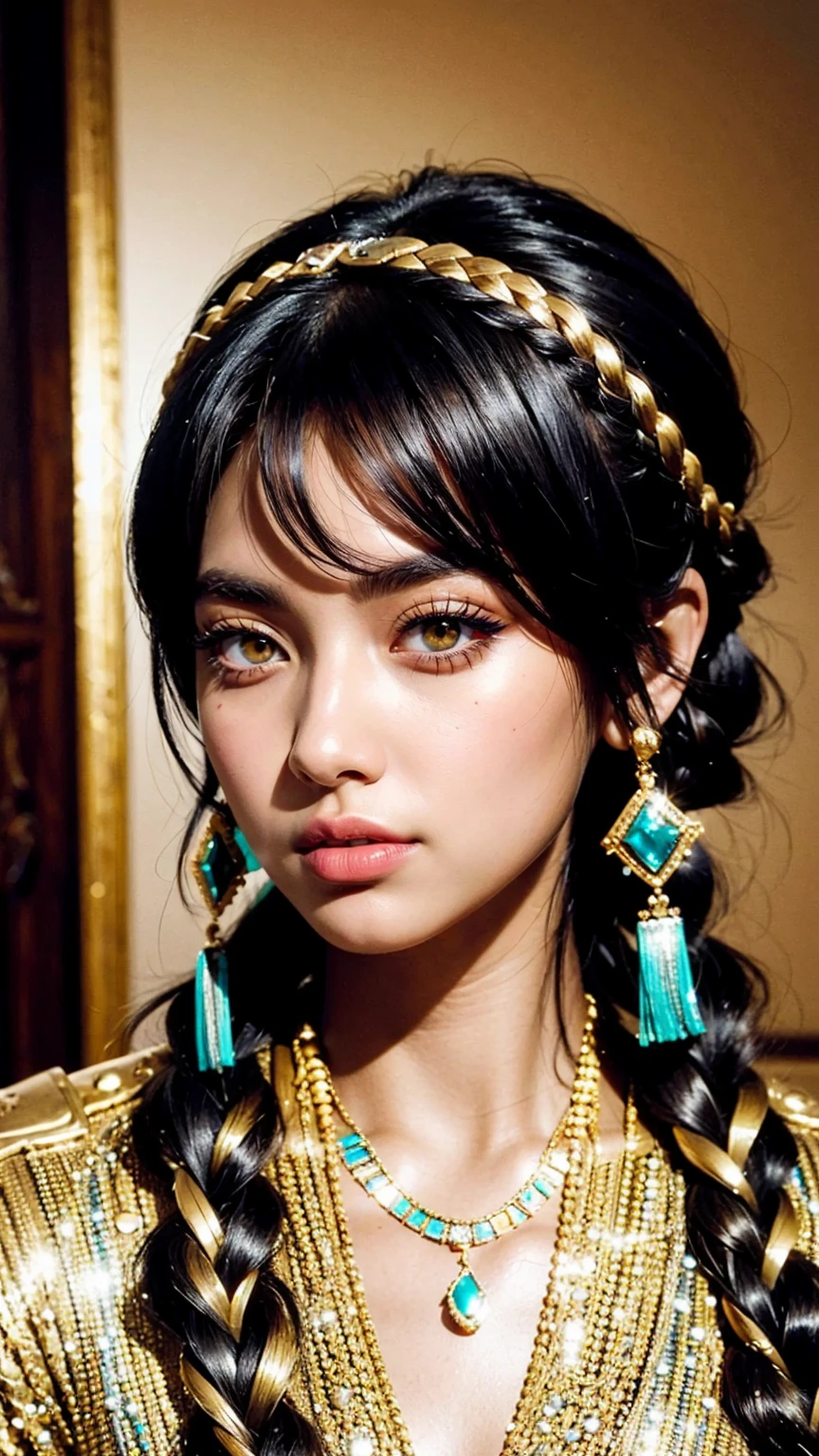 Hyper-realistic portrait shot of a beautiful Egyptian queen with a tanned skin tone, looking down proudly on the camera, black blunt bob hair with braided bangs, golden accessories and jewelry