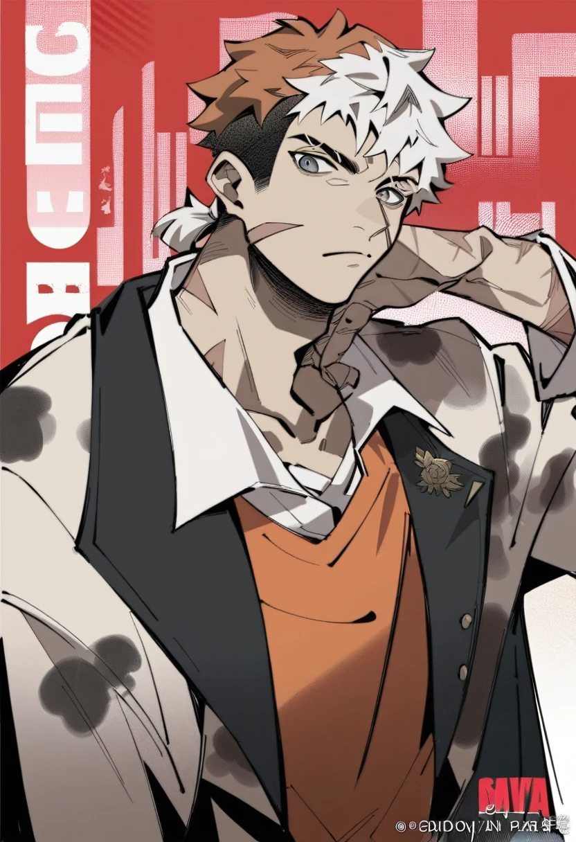 1boy, black under cut hair, white and orange top hair, calico-colored hair, scars, grey eyes, small ponytail, loose suit, mafia vibe, official artwork, bungo stray dog style