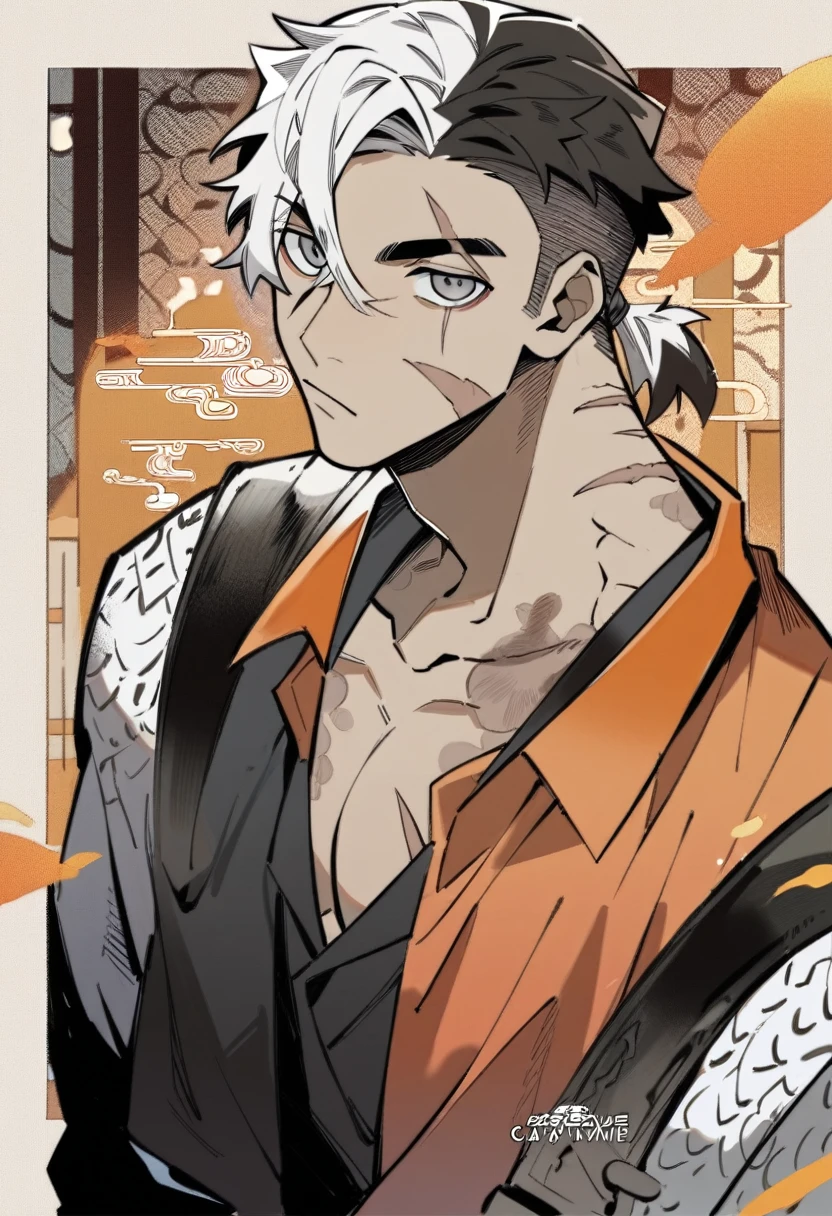 1boy, black under cut hair, white and orange top hair, calico-colored hair, scars, grey eyes, small ponytail, loose suit, mafia vibe, official artwork, bungo stray ?????????