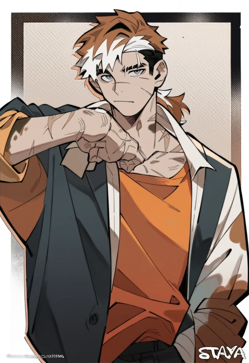 1boy, black under cut hair, white and orange top hair, calico-colored hair, scars, grey eyes, small ponytail, loose suit, mafia vibe, official artwork, bungo stray dog style