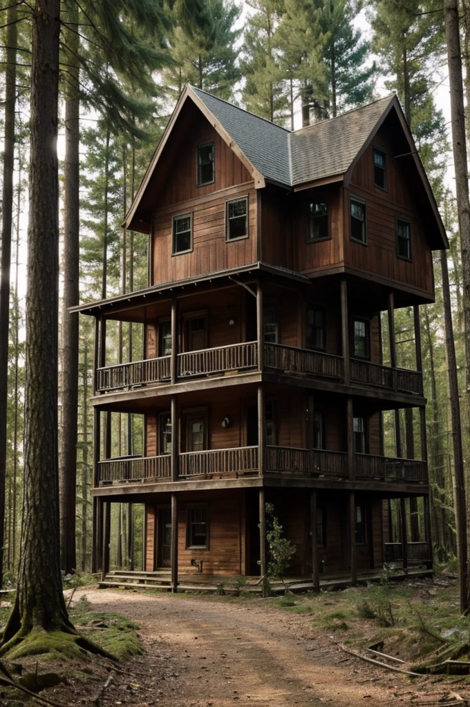 Generate me a horror image of a house in the forest, standin on chicken legs
