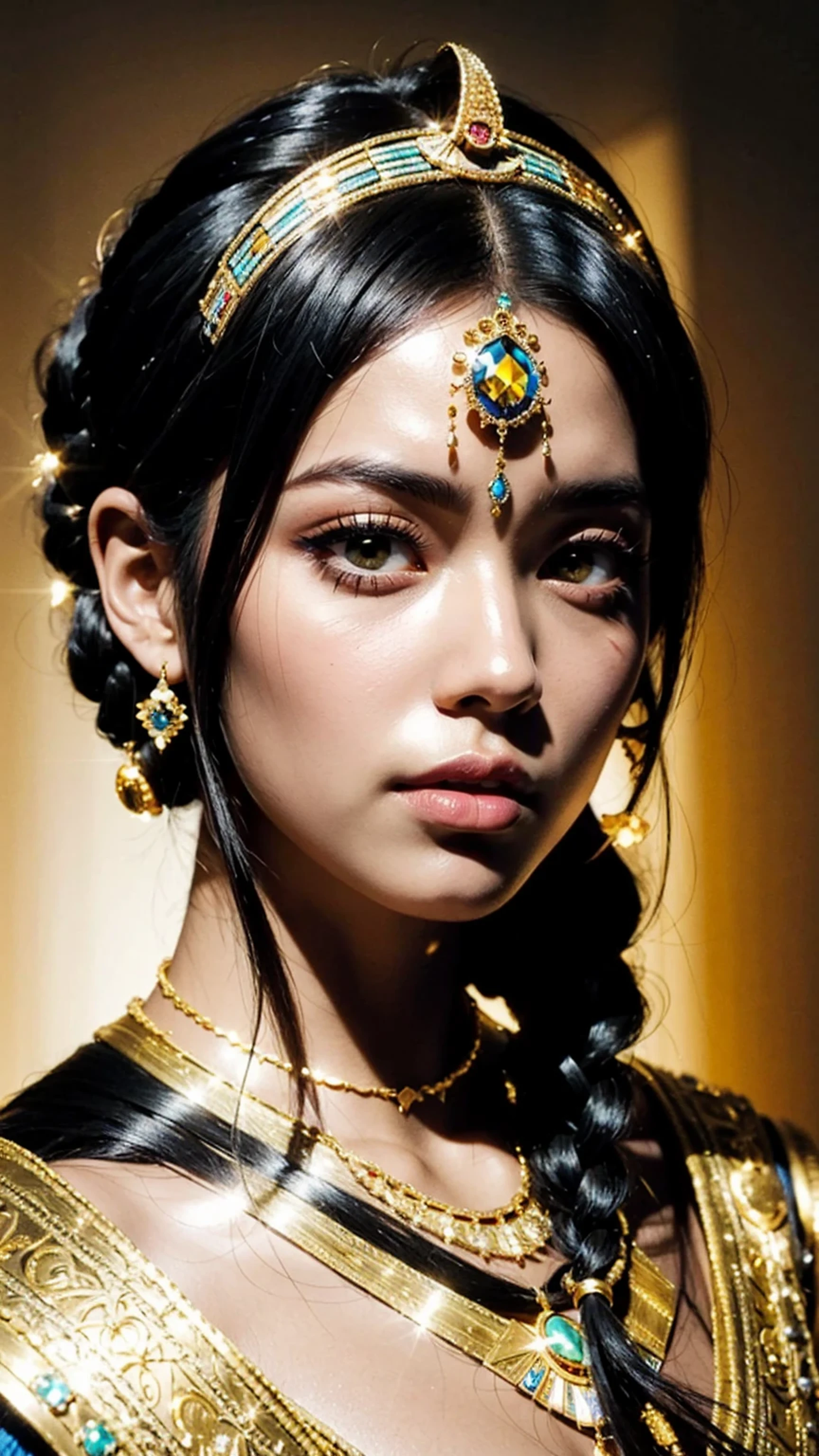 Hyper-realistic portrait shot of a beautiful Egyptian queen with a tanned skin tone, looking down proudly on the camera, black blunt bob hair with braided bangs, golden accessories and jewelry