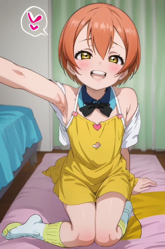 ,girl,happy,smile,,rin hoshizora ,open mouth,,looking viewer,,spoken heart,6yo,(petite),flat chest,grin,my room,socks,,