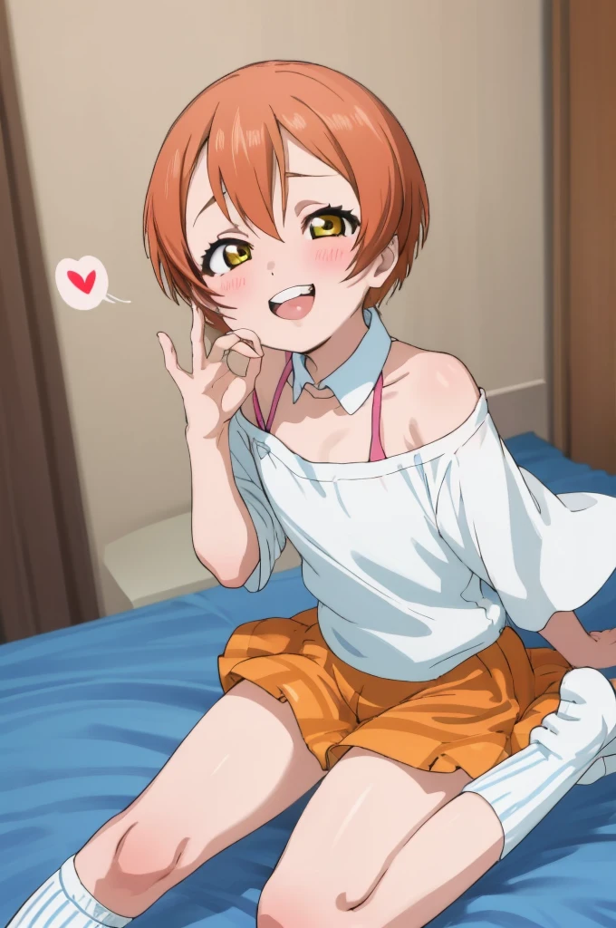 ,girl,happy,smile,,rin hoshizora ,open mouth,,looking viewer,,spoken heart,6yo,(ite),flat chest,grin,my room,socks,,