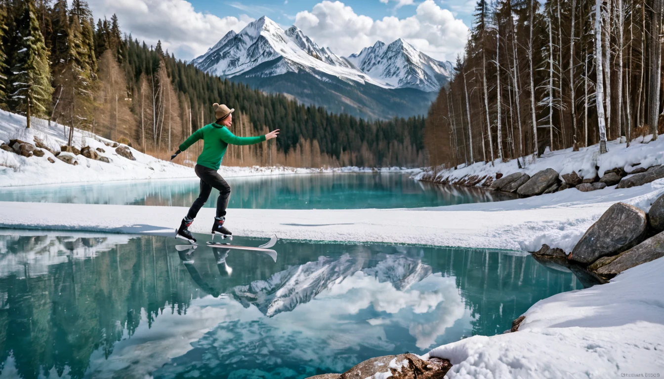 ultra-realistic, cinematic, full HD, 4K image of a panicked nine-year-old boy, wearing a green sweatshirt and brown hat, kneeling on a frozen lake, hitting the ice with an ice skating boot, in the middle of a forest, in the background snow-covered mountains, composition following the golden ratio, digital painting, with breathtaking details and HD resolution.