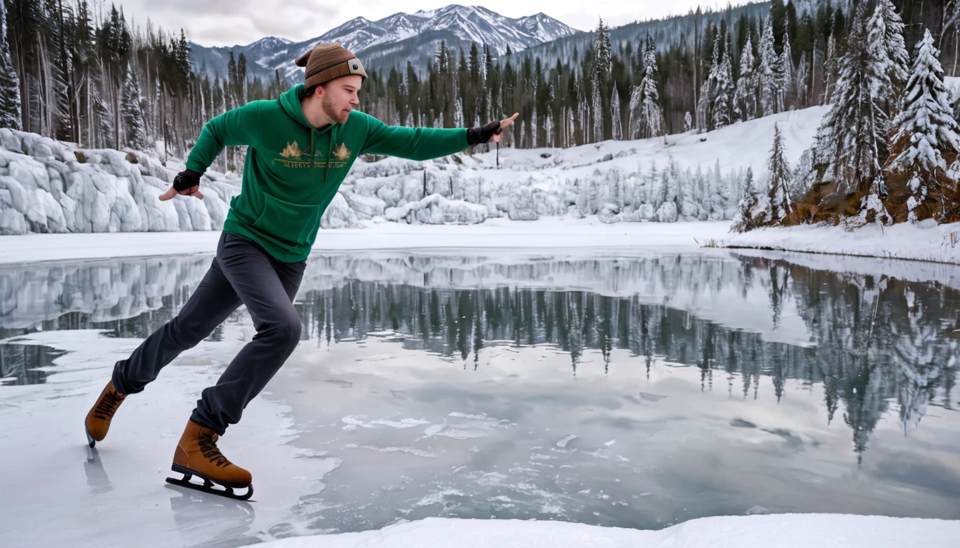 ultra-realistic, cinematic, full HD, 4K image of a panicked nine-year-old boy, wearing a green sweatshirt and brown hat, kneeling on a frozen lake, hitting the ice with an ice skating boot, in the middle of a forest, in the background snow-covered mountains, composition following the golden ratio, digital painting, with breathtaking details and HD resolution.