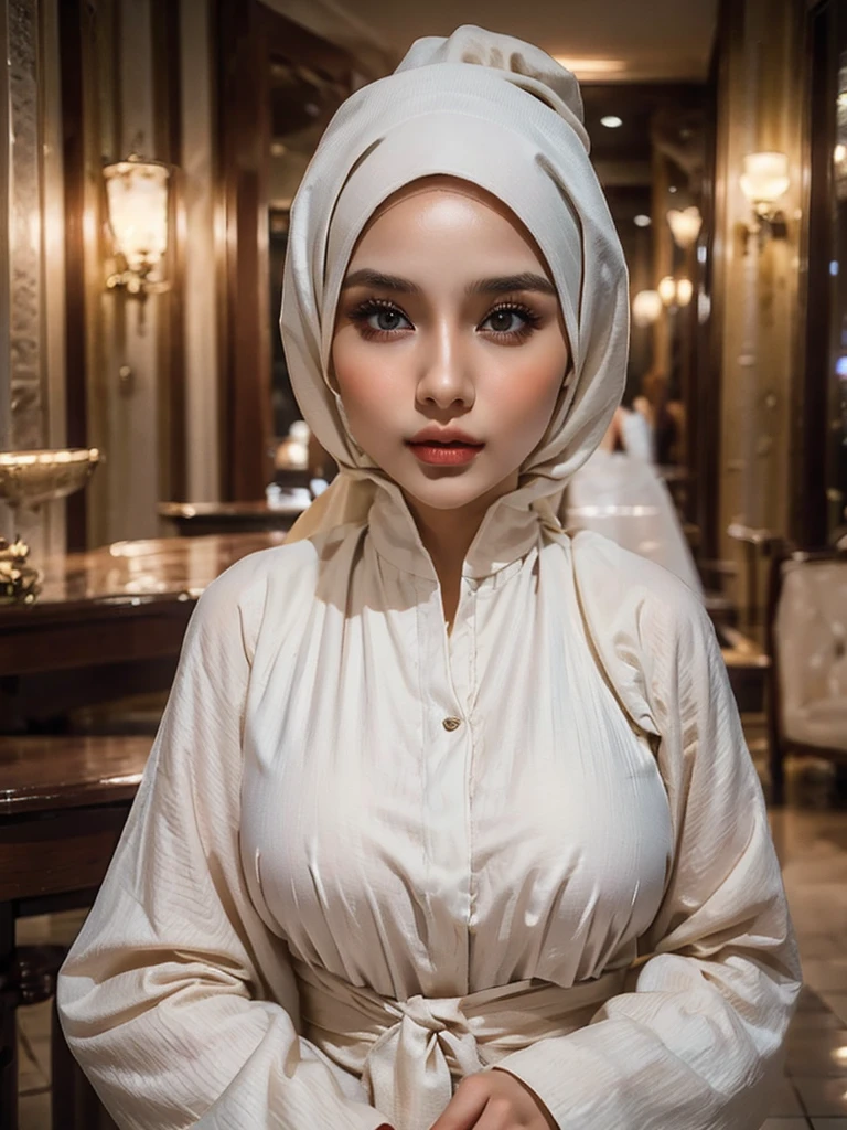 a beautiful young girl wearing a hijab, detailed face with striking eyes, gorgeous lips, long eyelashes, elegant pose, intricate hijab folds, flowing fabric, warm lighting, cinematic composition, photorealistic, masterpiece, high resolution, ultra detailed, vibrant colors, dramatic lighting