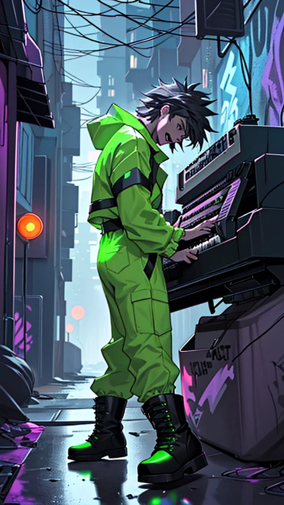 A rock keyboardist, also dressed in a fluorescent jumpsuit and boots as a garbage collector, is playing a keyboard enthusiastically. He is in a nighttime urban alley, with a garbage truck in the background. The truck's lights and streetlights illuminate the environment, highlighting the graffiti-covered walls. The keyboardist's expression is intense and focused as he creates melodies on the keyboard. The atmosphere is gloomy but vibrant, reflecting the energy of rock music.