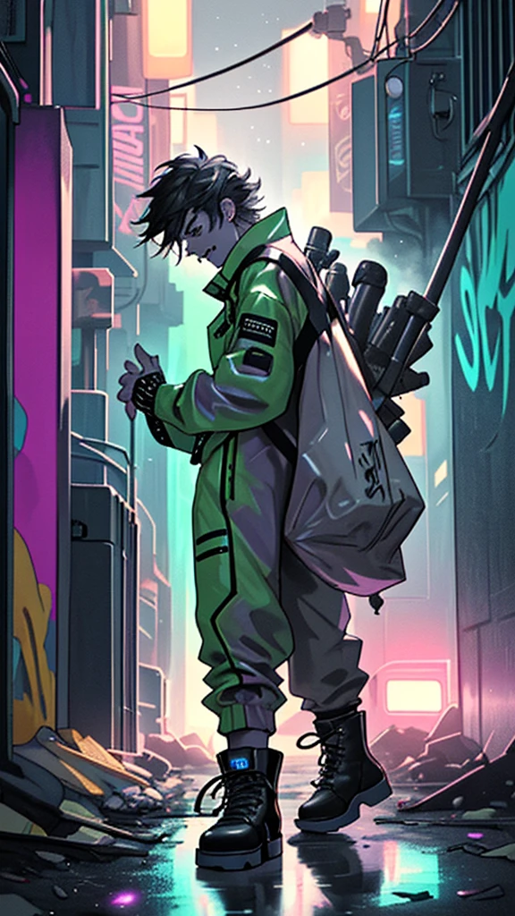 A rock keyboardist, also dressed in a fluorescent jumpsuit and boots as a garbage collector, is playing a keyboard enthusiastically. He is in a nighttime urban alley, with a garbage truck in the background. The truck's lights and streetlights illuminate the environment, highlighting the graffiti-covered walls. The keyboardist's expression is intense and focused as he creates melodies on the keyboard. The atmosphere is gloomy but vibrant, reflecting the energy of rock music.