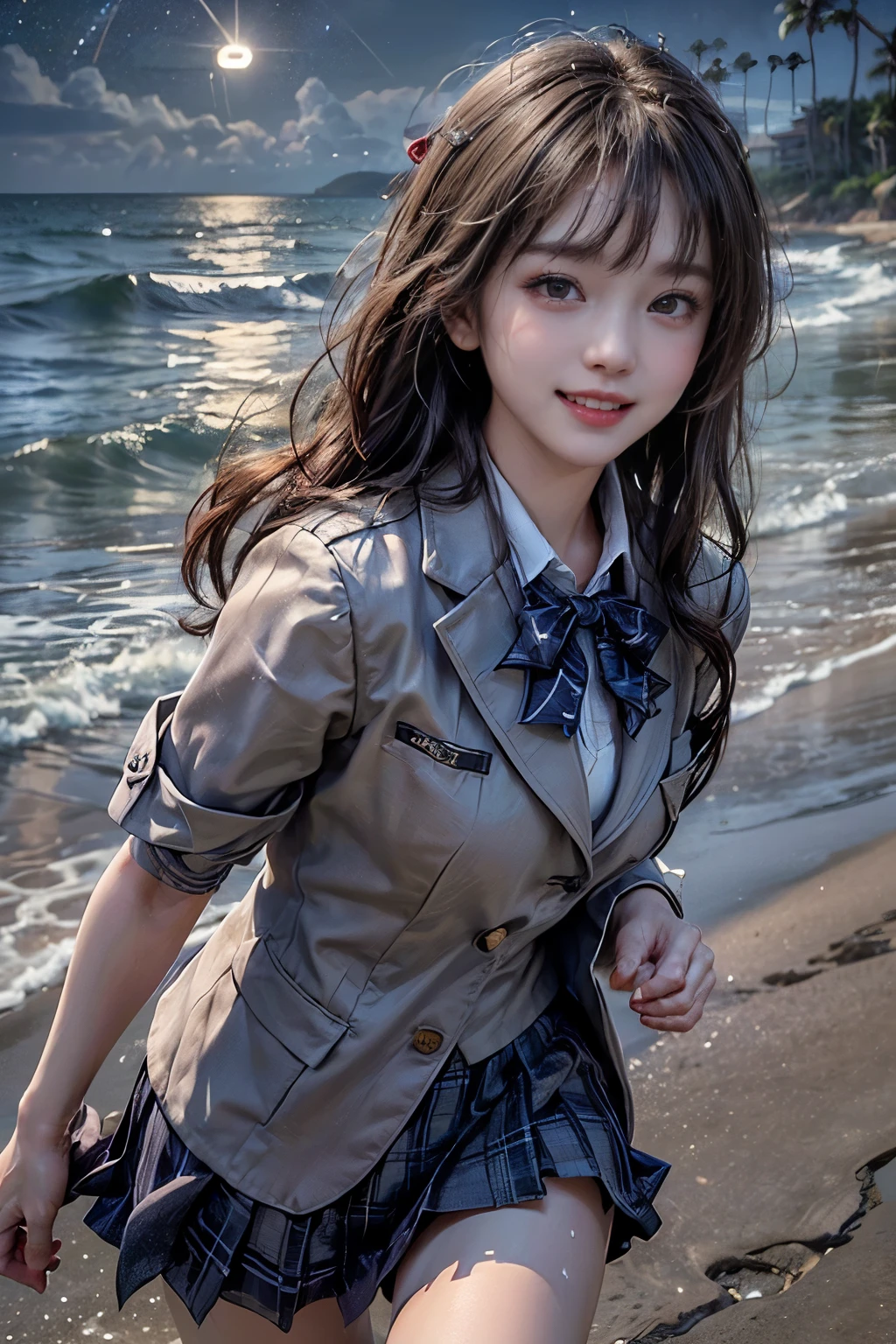 (Highest quality、masterpiece、super high quality、Ultra-precise、uhd、Ultra-high resolution:1.2)、(16K、Photorealistic、Photorealistic、RAW Photos、f/2.8:1.4)、(Ultra-Realistic Details、High detail、Very detailed、Highest qualityの影、Depth of written boundary、Ray Tracing:1.2)、(Baby Face、Fashion Model、20-year-old:1.2)、(Super cute face、One Nogizaka girl:1.3)、(Dynamic Action、whole body、Running happily along the beach、Professional cinematography、Low - Angle:1.2)、(Drooping eyes、double eyelid、Beautiful clear black eyes)、(Natural Makeup、Crystal Pendant)、(A big smile、Happy:1.3)、(Brown medium hair、bangs、流したbangs:1.2)、(Perfect Anatomy、Perfect Proportions、Beautiful and detailed body、Beautifully detailed hands and fingers、Beautifully detailed legs、Fair skin、Very detailedな肌と顔の質感:1.2)、(jk shirt、JK Checkered Pleated Skirt:1.4)、(JK Blazer Uniform、High school girl uniform:1.4)、(Big Wave、Tropical Sea、Fantasy、mysterious、Night Scenery、Starry Sky:1.5)、(Sprinting with joy、running、High school girls running at full speed along the beach:1.4)、(Wet Hair、Wet costume、Hair blowing in the strong wind、Skirt fluttering in the strong wind)、(Natural and soft light、 Cinematic lighting、Professional Lighting)