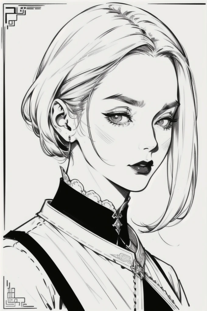 Drawing of a mature woman, realistic front face portrait, goth asian girl, white hair and outfits, horror look. Best lineart, clean flat lineart, Black and white monochrome, thin pen lines. No colors or shading. Flat white background