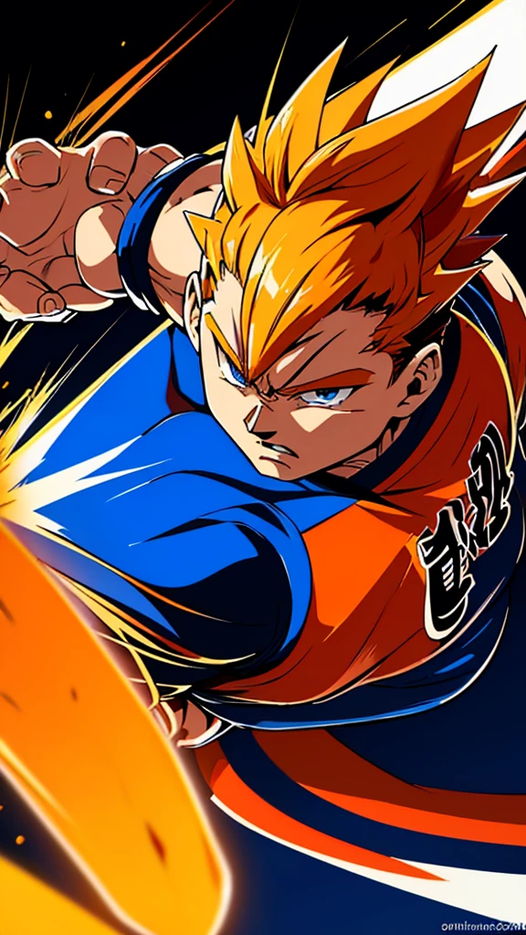 
* Detailed face with serious and determined expression.
* Black spiky hair with light reflections.
* Orange and blue traditional martial arts clothing.
* muscular and defined body.
* Dynamic and powerful fighting pose.
* Combat scene with energy explosions in the background.

styled:

* Mix of realism and anime style/mango.
* Fine, precise lines for contours.
* Realistic shading and lighting to add volume and texture.
* Vibrant, contrasting colors to highlight scene elements.

format:

* high resolution image (1080p or higher).
* Horizontal or vertical orientation (according to your preference).
* No watermark or other distracting elements